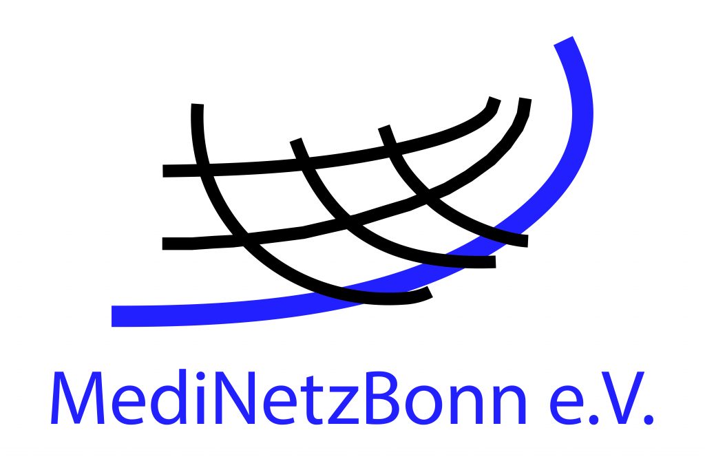 Das Logo zeigt mittig in blau einen Ausschnitt eines Netzes. Darunter steht "MediNetzBonn e.V.", ebenfalls in blau. Der Hintergrund ist weiß.