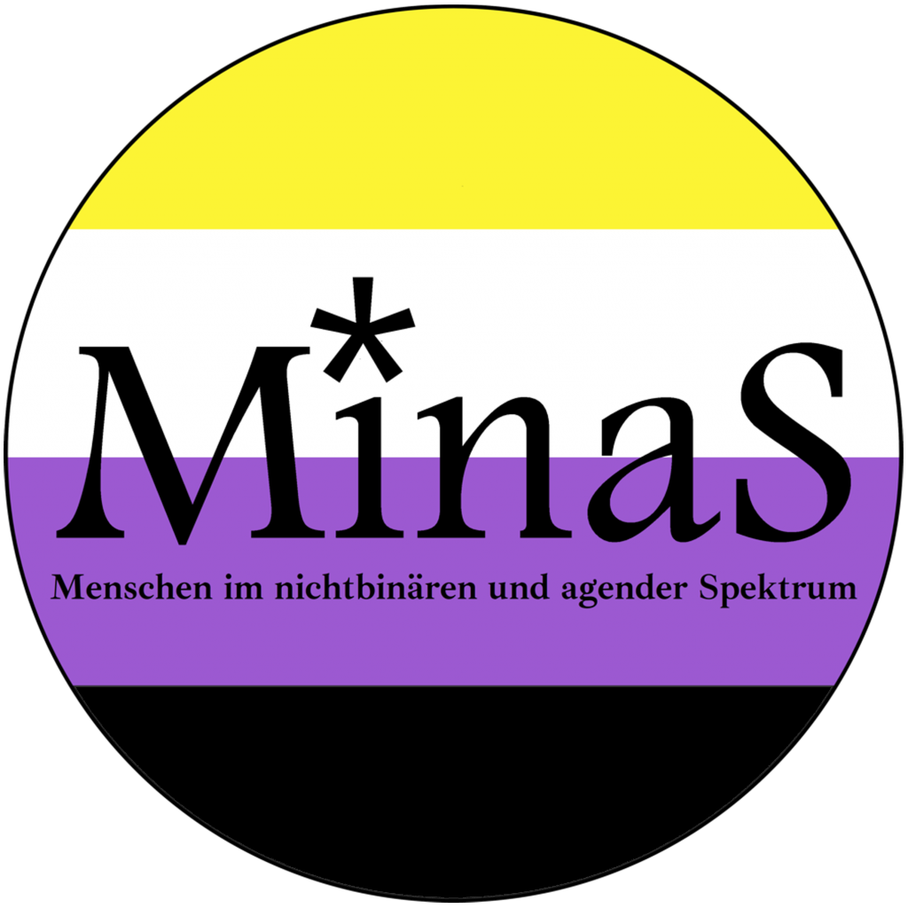 Das MinaS Logo zeigt einen Kreis mit der nichtbinären Flagge im Hintergrund. Im Vordergrund steht in schwarz "MinaS - Menschen im nichtbinären und agender Spektrum".