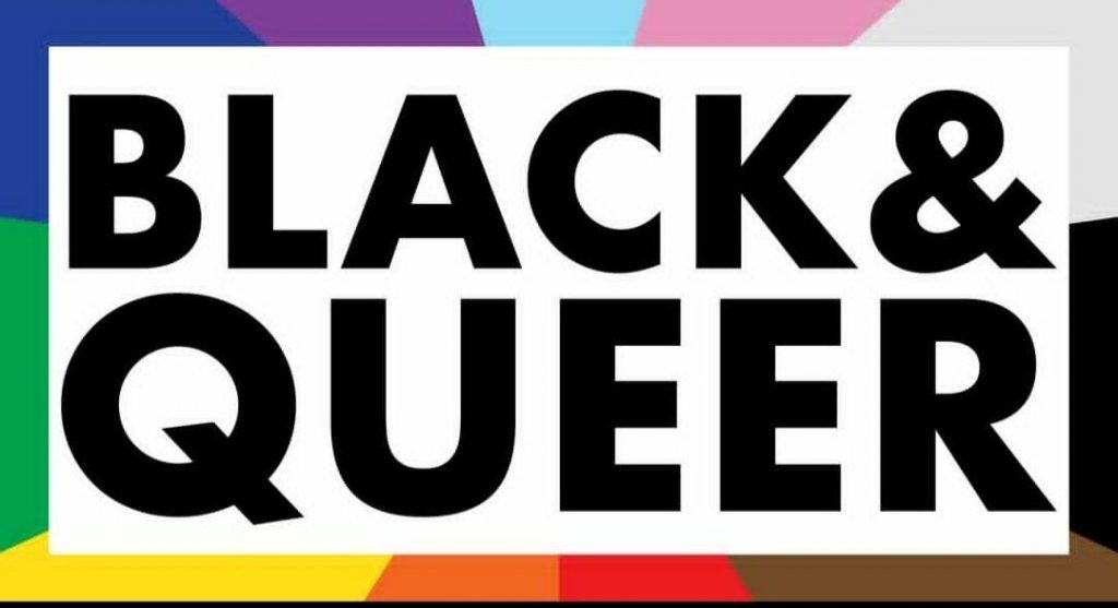 Das Logo von black & Queer zeigt den schwarzen, fett und in Großbuchstaben geschriebenen Schriftzug "BLACK & QUEER" auf weißem Grund. Umrahmt wird das von farbigen Streifen, die vermutlich hinter dem Schriftkasten in der Mitte zusammenlaufen. Es sind die Farben der Progress Pride Flagge. Das heißt die Farben der Regenbogenflagge, die der trans* Flagge und braun und schwarz für BIPoC.