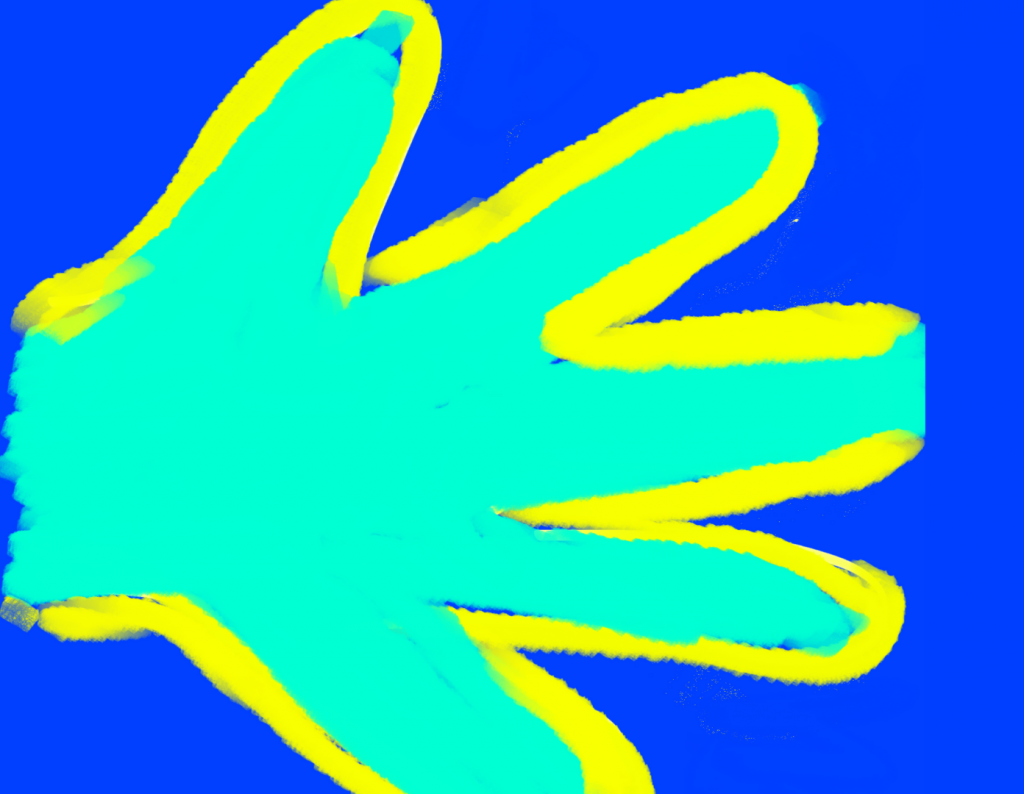 Fundal albastru închis, în fața ei o mână turcoaz cu chenar galben.