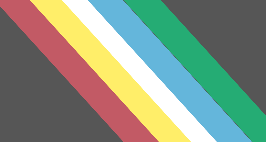 Voici le drapeau Disability Pride : sur fond gris avec 5 bandes tordues en vert/turquoise, bleu, blanc, jaune et rouge.