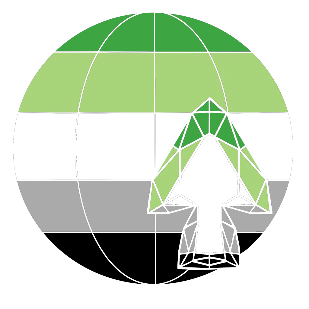 Logo des TAS/ASVD. Ein Globus in den Farben der Aro-Flagge ist im Hintergrund, durchzogen von Längen und Breitenlinien. Vor diesem ist eine Speilspitze, ebenfalls in Aro-Farben, zu sehen.