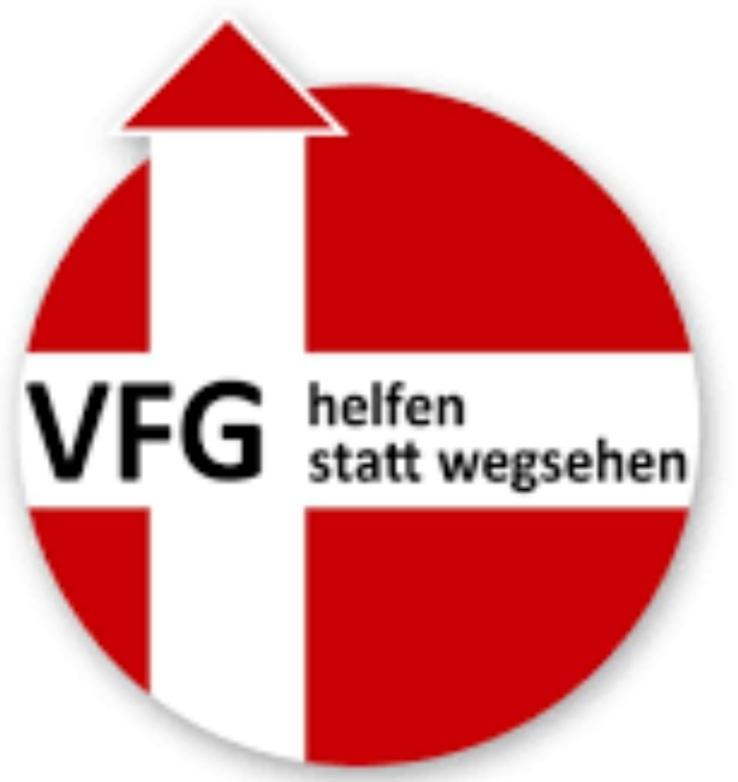 Logo von: VFG - helfen statt wegsehen.
Das Logo ist Rund und rot.
Darauf ist ein weißes Kreuz.
Auf dem Streifen, der von oben nach unten geht ist ein rotes Dach.
In dem Streifen, der von links nach rechts geht steht: VFG helfen statt wegsehen.