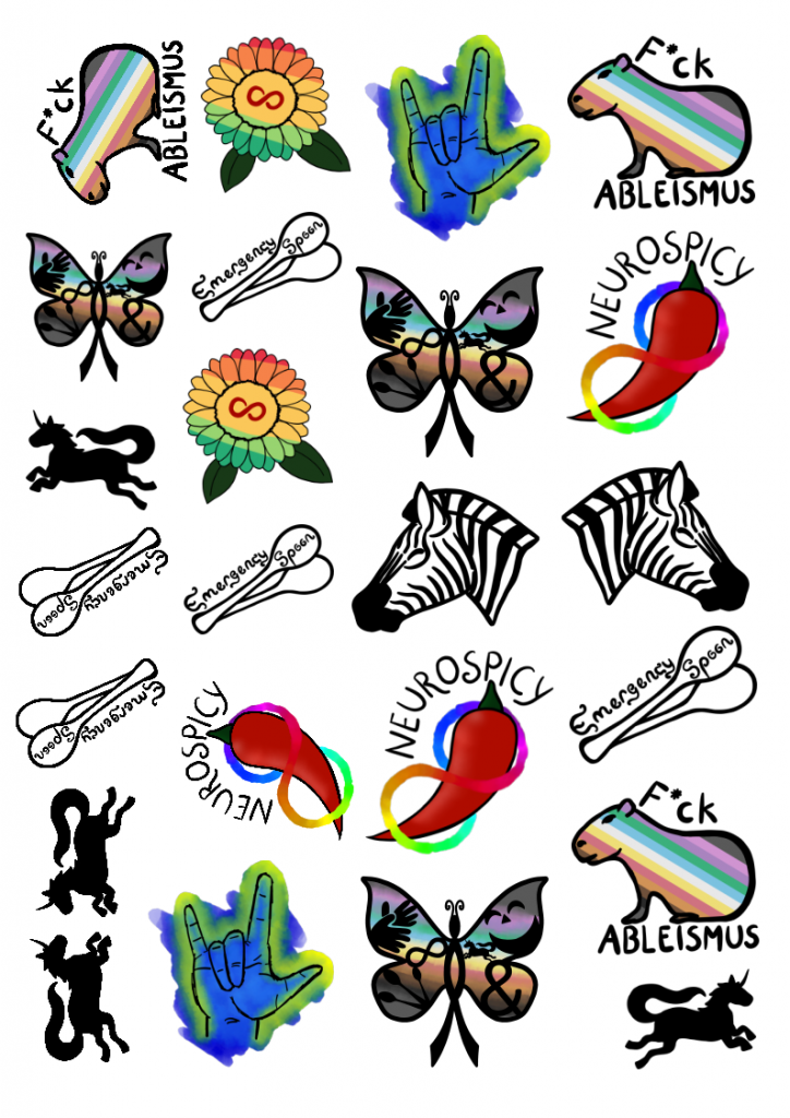 Einmal-Tattoo Motive: F*ck Ableismus Capybara, Autistic Pride Sonnenblume, I love you Gebärde in D*deaf Pride Farben, Emergency Spoons, CIMND* Schmetterling, Neurospicy Chilli, Zebra, Einhorn