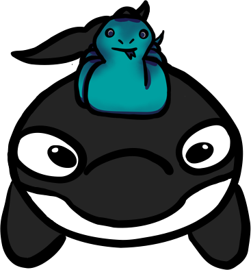 Logo von Asp in the Pod: Zeichnung eines Orcas mit einer Aspviper (Schlange) in den Blautönen der A*spec Flagge auf dem Rücken.