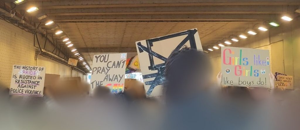 Es sind Personen und Schilder zu sehen. Die Personen sind verschwommen zu sehen. Auf einem Schild steht: The history of pride is rooted in resistance against police violence. Das ist Englisch und heißt etwa: Der Ursprung von Pride Veranstaltungen liegt im Widerstand gegen Polizeigewalt. Auf einem anderen Schild steht: You can't pray away the gay. Das ist Englisch und heißt etwa: Ihr könnt Gay-sein, also Queer-sein, nicht wegbeten. Auf einem anderen Schild steht: Girls like Girls like boys do! Das ist Englisch und heißt etwa: Mädchen mögen Mädchen genauso wie Jungs das tun! Auf einem Schild steht: Shade never made anybody less gay. Das ist Englisch und heißt etwa: Beleidigungen oder Angriffe haben noch nie jemensch weniger gay oder queer gemacht.