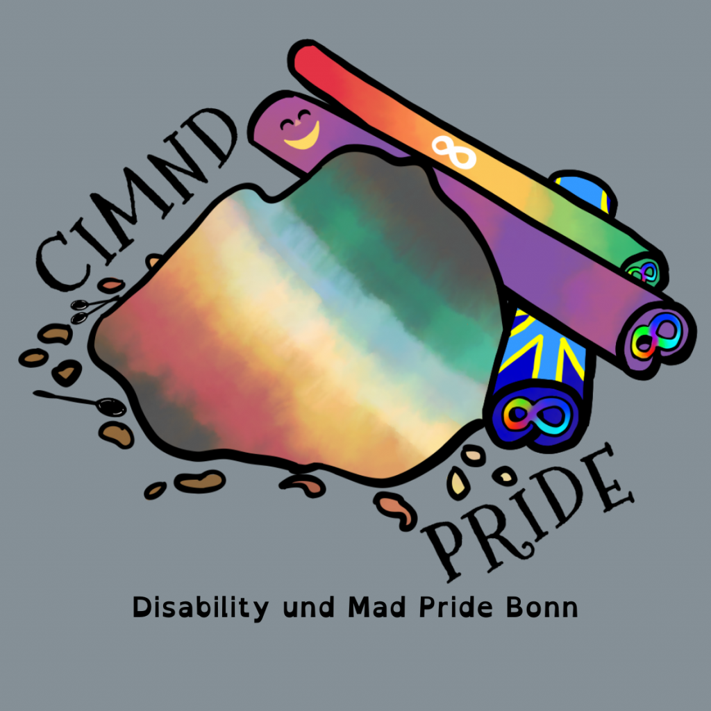 CIMND Pride. Zu sehen sind ein Zimthaufen und mehrere Zimtstangen mit verschiedenen Pride Fahnen: Disability Pride Fahne, Mad Pride, Autistic Pride, Deaf Pride und die Neurodivergenz Schleife und Spoonie Löffel. Disability und Mad Pride Bonn. Der Hintergrund ist grau.