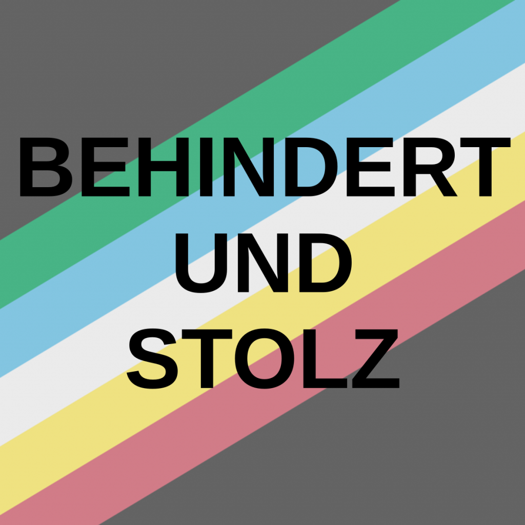 Behindert und Stolz. Im Hintergrund ist die Disability Pride Fahne.